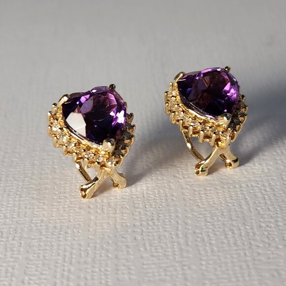 Estate Jewelry - Vtg 80's 4.69g 14K Gold Natural Amethyst & Diamond Omega Back Earrings